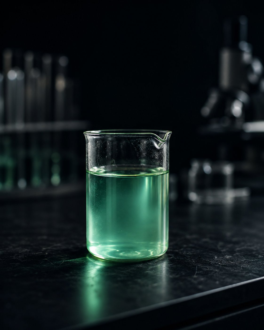 A glass beaker of mint-green liquid on a dark laboratory bench, with microscope and test tubes in soft focus behind