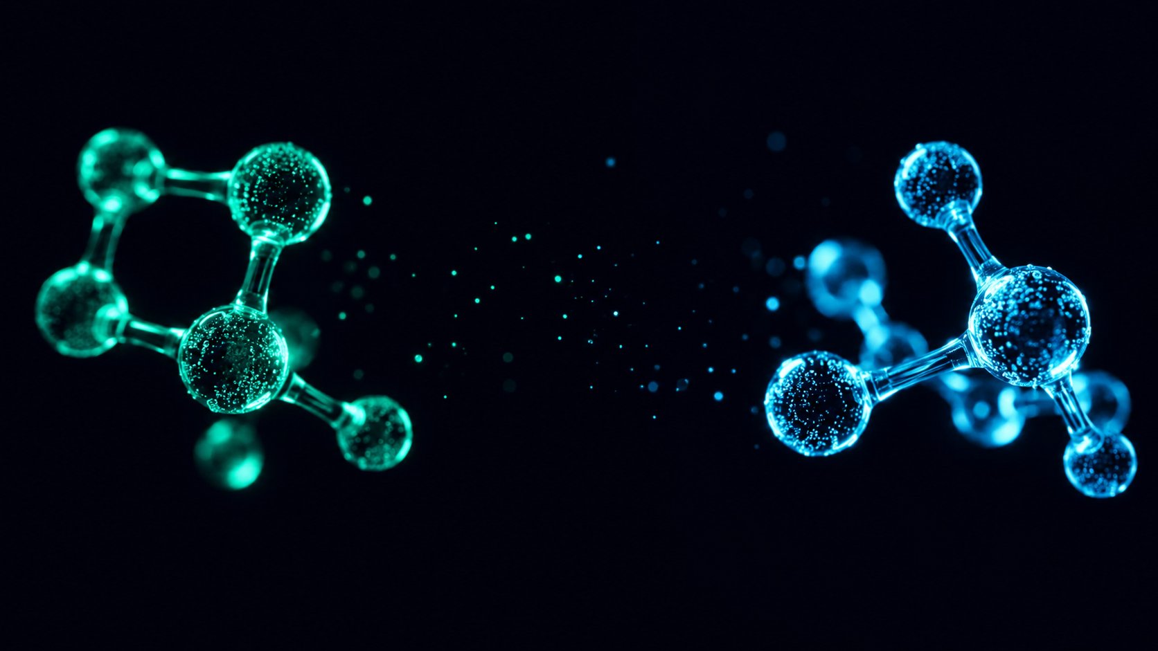 NAD and NMN molecular structures glowing in mint and cyan